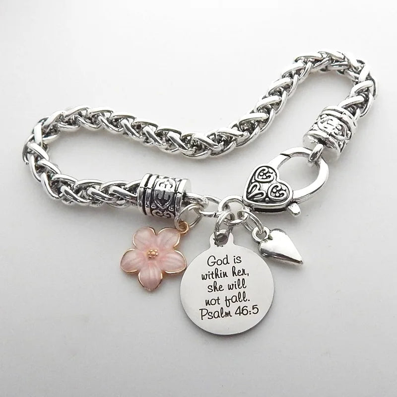 Flower Heart Bible Verse Charm Bracelet Antique Silver Plated Twisted