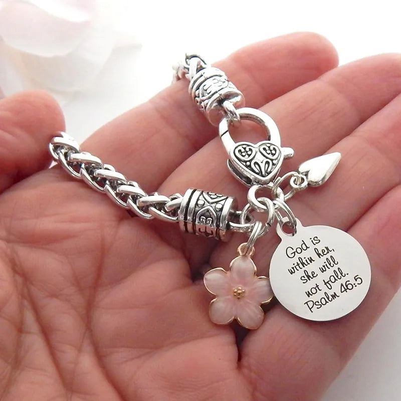 Flower Heart Bible Verse Charm Bracelet Antique Silver Plated Twisted