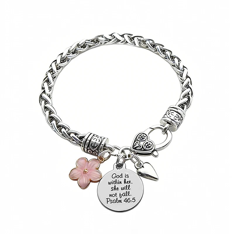 Flower Heart Bible Verse Charm Bracelet Antique Silver Plated Twisted