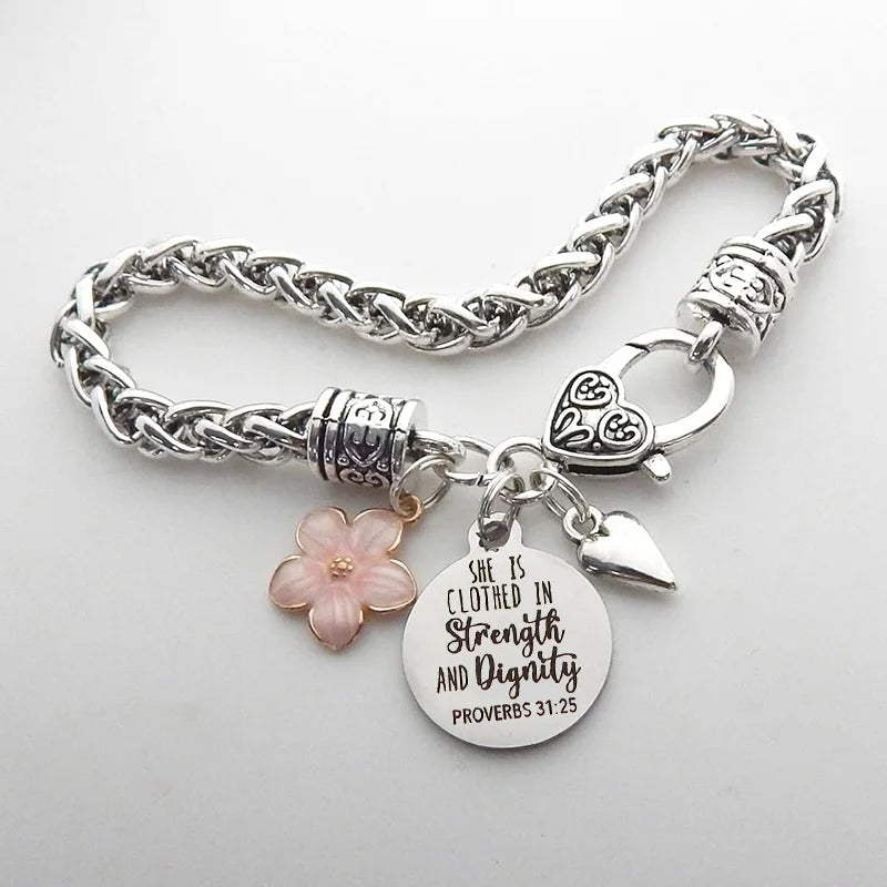Flower Heart Bible Verse Charm Bracelet Antique Silver Plated Twisted