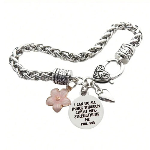Flower Heart Bible Verse Charm Bracelet Antique Silver Plated Twisted