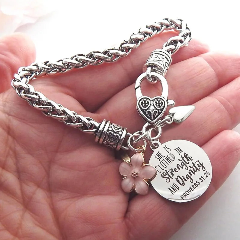 Flower Heart Bible Verse Charm Bracelet Antique Silver Plated Twisted