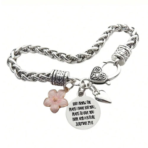 Flower Heart Bible Verse Charm Bracelet Antique Silver Plated Twisted