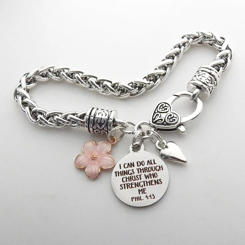 Flower Heart Bible Verse Charm Bracelet Antique Silver Plated Twisted