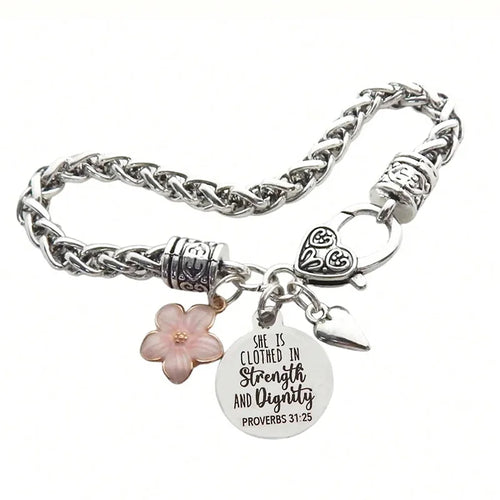Flower Heart Bible Verse Charm Bracelet Antique Silver Plated Twisted