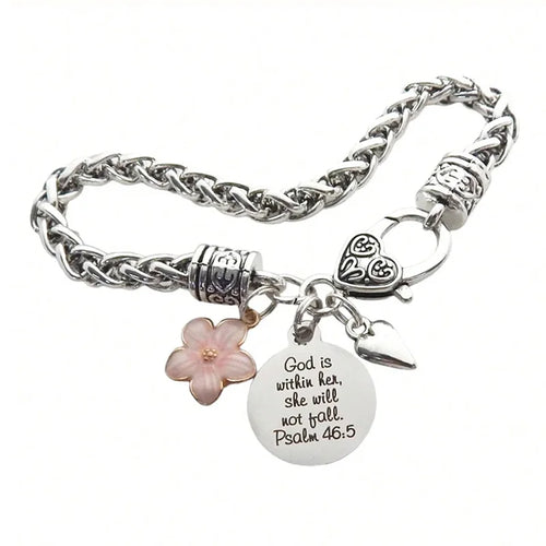 Flower Heart Bible Verse Charm Bracelet Antique Silver Plated Twisted